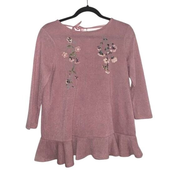 Lauren Conrad XS Pink Floral Embroidered Peplum 3/4 Sleeve Top With Back Tie Det - Picture 2 of 10